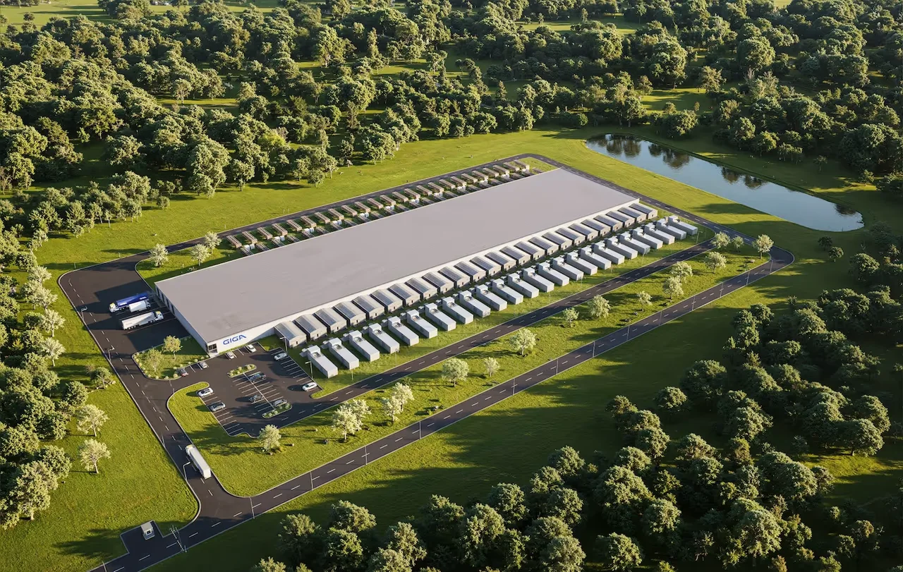 A drone photo of a Giga Energy AI factory