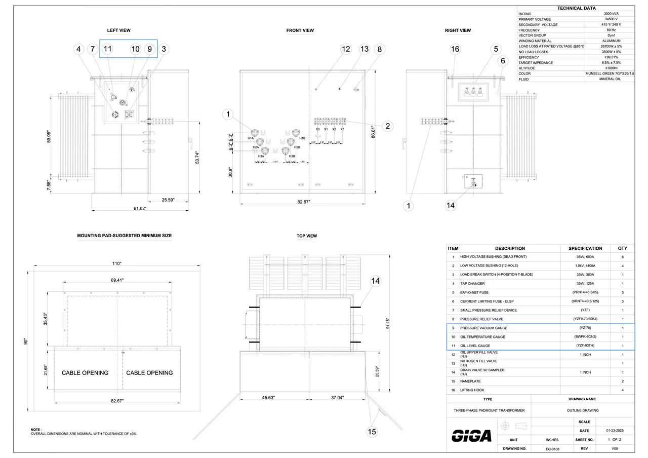 3-phase technical drawing of a transformer with gauges highlighted